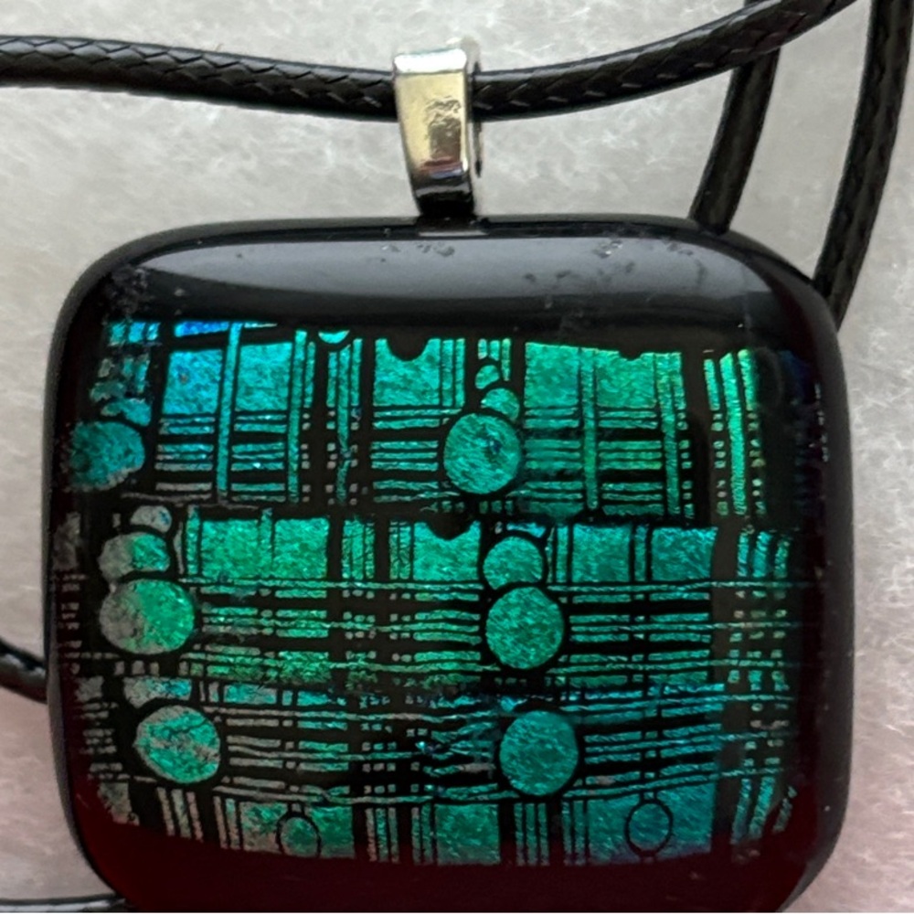 🔴Brand New Dichroic Glass Pendant Necklace, Green & Blue On Black Background